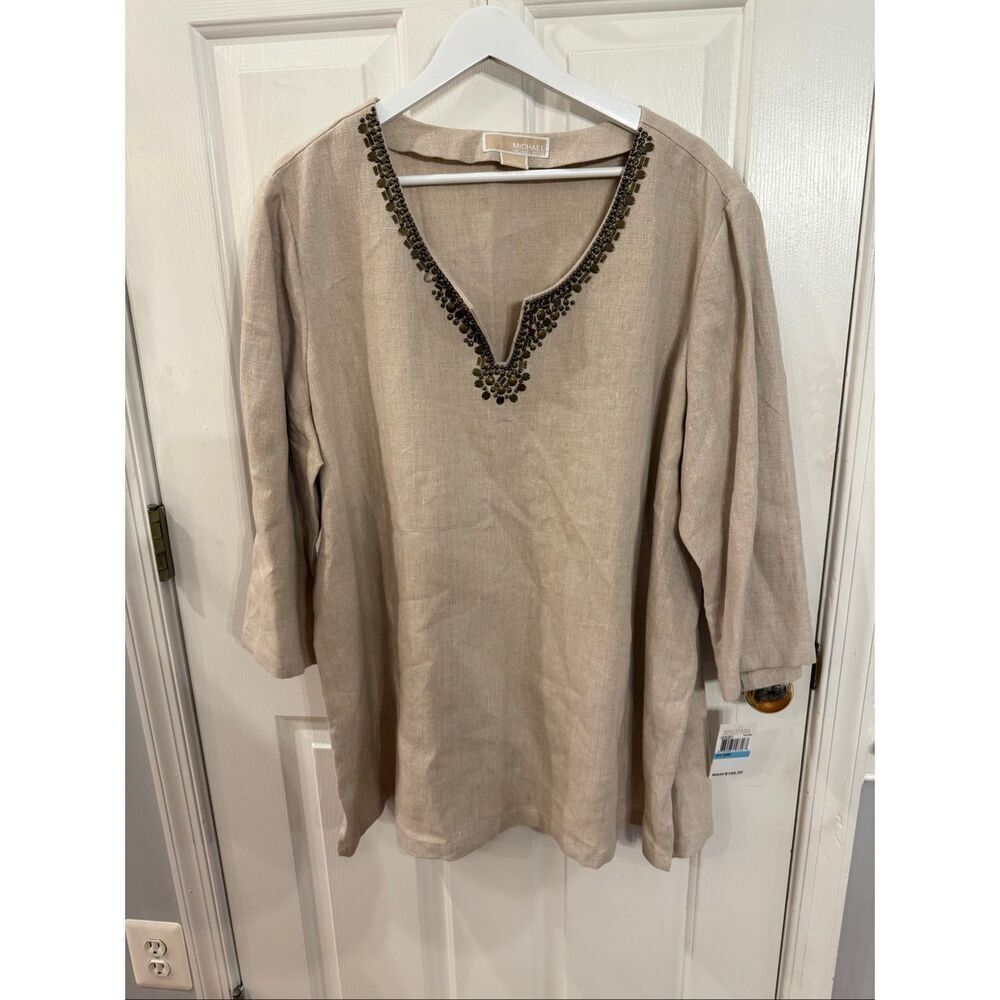 Michael Michael Kors Natural Linen Beaded Tunic Top sz 20W NWT